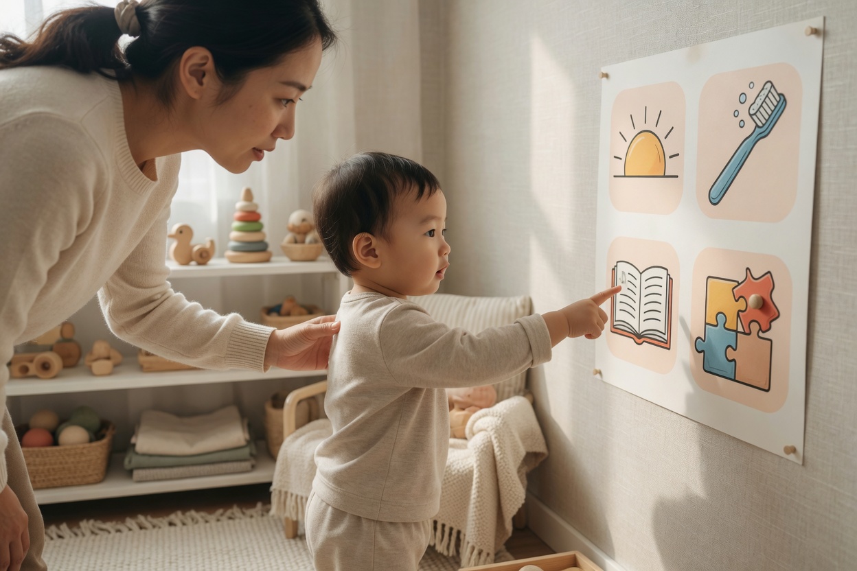 A warm, natural-light photo of a parent kneeling beside a curious toddler who points