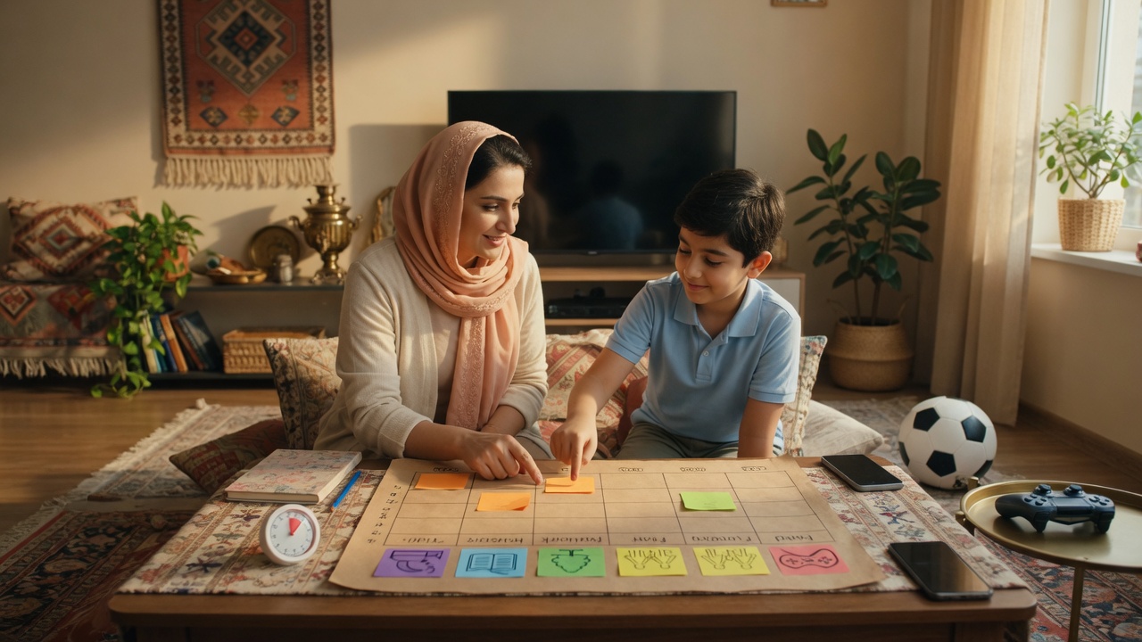 A parent and preteen calmly create a simple weekly routine chart in a bright
